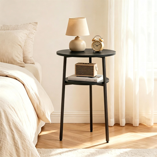 2-Tier Round Side Table, Black End Table with Storage Shelf, Sturdy Metal Frame Small Accent Coffee Table for Living Room Bedroom Small Spaces