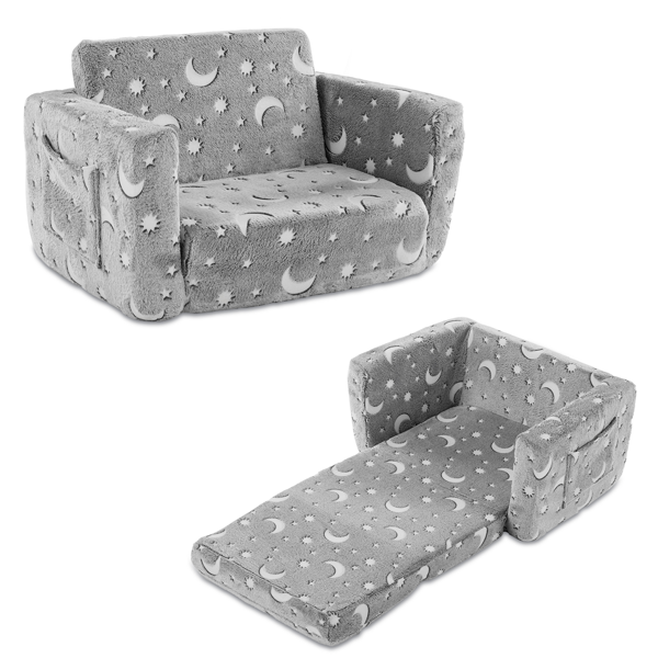 2-in-1 Glow in The Dark Kids Sofa Chair, Soft Plush Foldable Toddler Couch Lounger with Moon Star Pattern for Bedroom Playroom