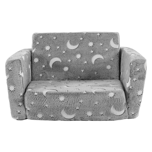 2-in-1 Glow in The Dark Kids Sofa Chair, Soft Plush Foldable Toddler Couch Lounger with Moon Star Pattern for Bedroom Playroom