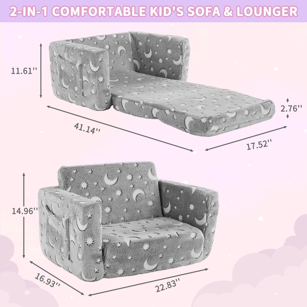 2-in-1 Glow in The Dark Kids Sofa Chair, Soft Plush Foldable Toddler Couch Lounger with Moon Star Pattern for Bedroom Playroom