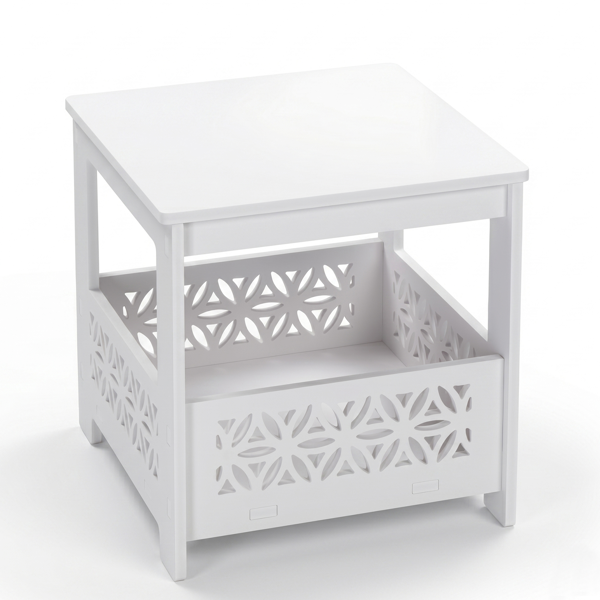 White Outdoor Side Table with Floral Cutout Storage, Waterproof End Table for Patio Porch Balcony Poolside Indoor Outdoor Use