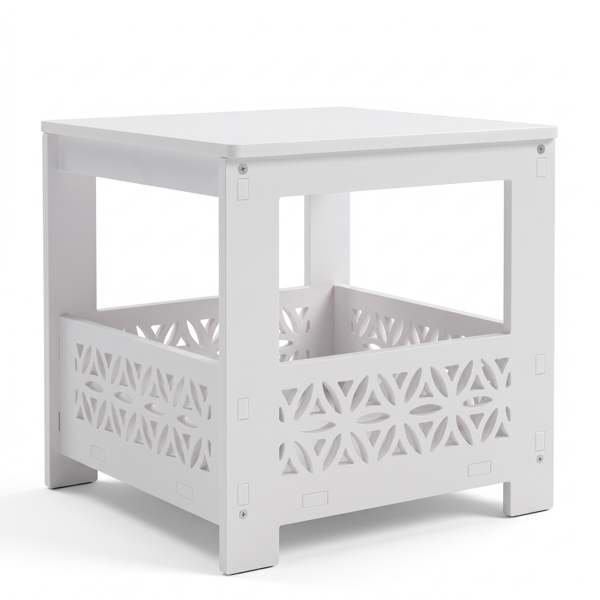 White Outdoor Side Table with Floral Cutout Storage, Waterproof End Table for Patio Porch Balcony Poolside Indoor Outdoor Use