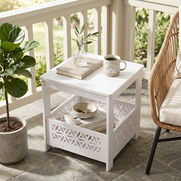 White Outdoor Side Table with Floral Cutout Storage, Waterproof End Table for Patio Porch Balcony Poolside Indoor Outdoor Use