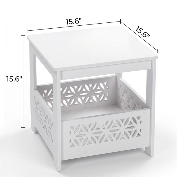 White Outdoor Side Table with Floral Cutout Storage, Waterproof End Table for Patio Porch Balcony Poolside Indoor Outdoor Use