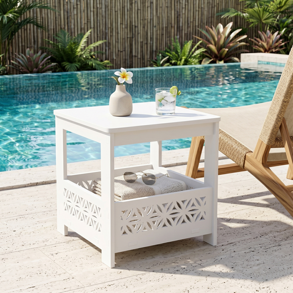 White Outdoor Side Table with Floral Cutout Storage, Waterproof End Table for Patio Porch Balcony Poolside Indoor Outdoor Use