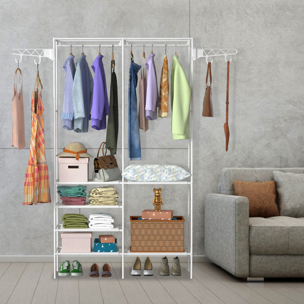 Free Standing Closet Organizer Garment Rack, 6-Tier Storage Shelves with Rotatable Side Hooks, Rustproof Metal Clothing Rack for Bedroom Laundry Entryway