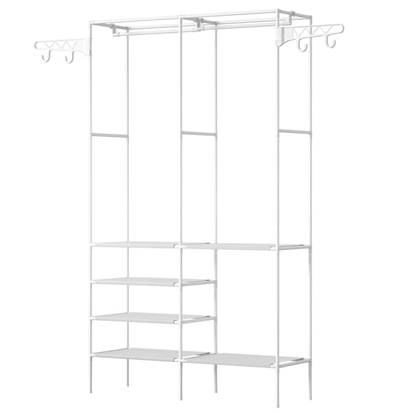Free Standing Closet Organizer Garment Rack, 6-Tier Storage Shelves with Rotatable Side Hooks, Rustproof Metal Clothing Rack for Bedroom Laundry Entryway