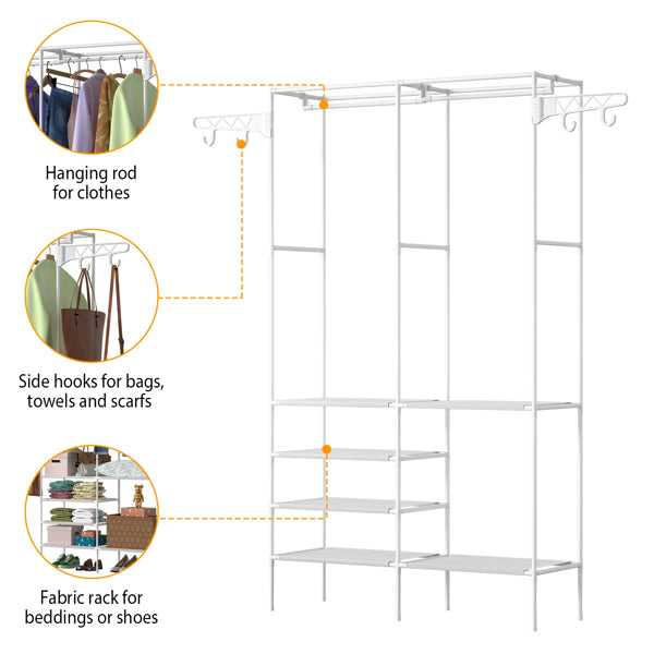 Free Standing Closet Organizer Garment Rack, 6-Tier Storage Shelves with Rotatable Side Hooks, Rustproof Metal Clothing Rack for Bedroom Laundry Entryway