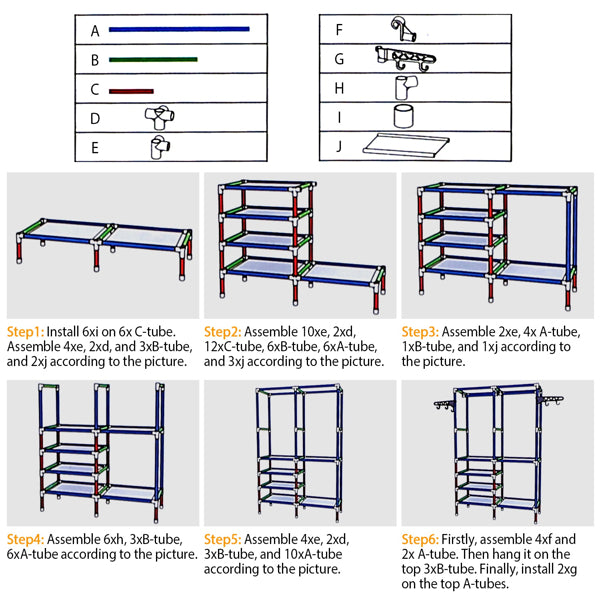 Free Standing Closet Organizer Garment Rack, 6-Tier Storage Shelves with Rotatable Side Hooks, Rustproof Metal Clothing Rack for Bedroom Laundry Entryway