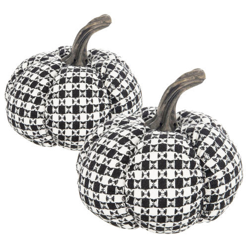 Set of 2 Black White Houndstooth Fabric Pumpkins, Stuffed Plush Pumpkin Decor for Halloween Fall Tabletop Mantel Shelf Home Decoration