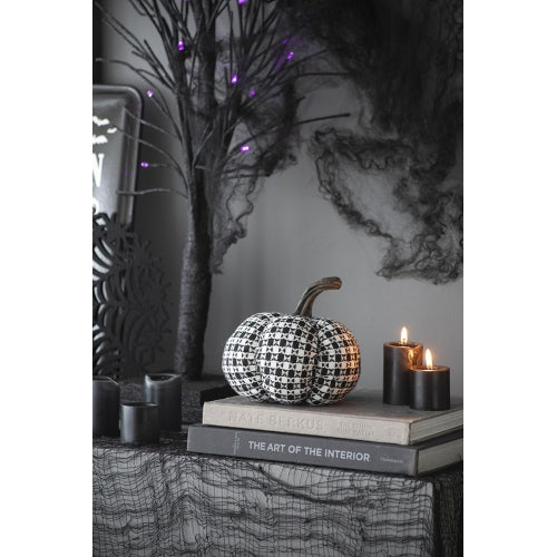 Set of 2 Black White Houndstooth Fabric Pumpkins, Stuffed Plush Pumpkin Decor for Halloween Fall Tabletop Mantel Shelf Home Decoration