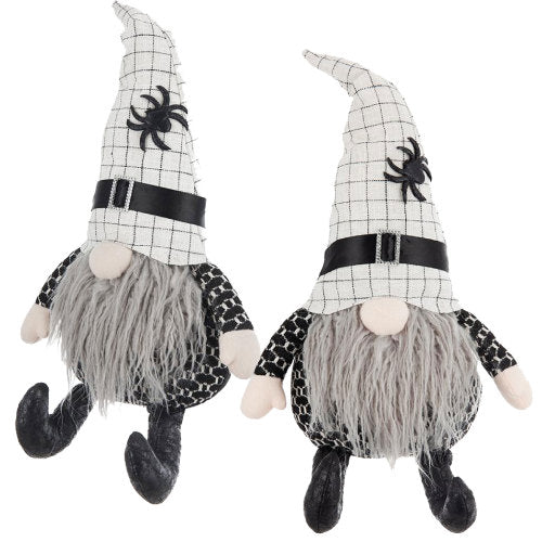Halloween Sitting Plush Gnome Decor, Black White Plaid Hat with Spider Accent Long Fluffy Beard Stuffed Gnome for Table Mantel Halloween Home Decoration