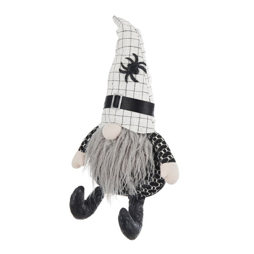 Halloween Sitting Plush Gnome Decor, Black White Plaid Hat with Spider Accent Long Fluffy Beard Stuffed Gnome for Table Mantel Halloween Home Decoration
