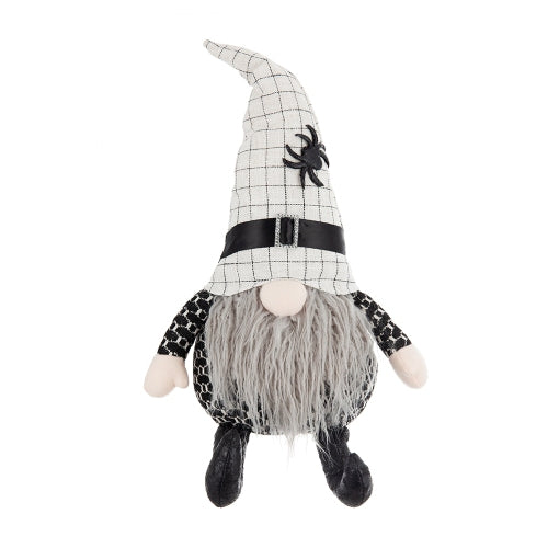 Halloween Sitting Plush Gnome Decor, Black White Plaid Hat with Spider Accent Long Fluffy Beard Stuffed Gnome for Table Mantel Halloween Home Decoration