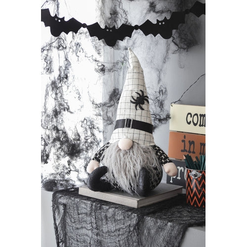 Halloween Sitting Plush Gnome Decor, Black White Plaid Hat with Spider Accent Long Fluffy Beard Stuffed Gnome for Table Mantel Halloween Home Decoration
