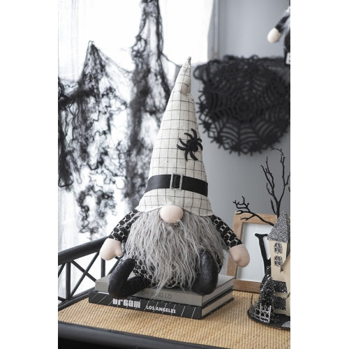 Halloween Sitting Plush Gnome Decor, Black White Plaid Hat with Spider Accent Long Fluffy Beard Stuffed Gnome for Table Mantel Halloween Home Decoration