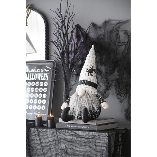 Halloween Sitting Plush Gnome Decor, Black White Plaid Hat with Spider Accent Long Fluffy Beard Stuffed Gnome for Table Mantel Halloween Home Decoration