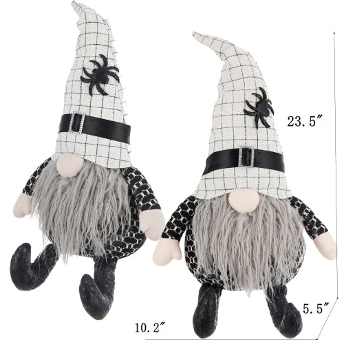 Halloween Sitting Plush Gnome Decor, Black White Plaid Hat with Spider Accent Long Fluffy Beard Stuffed Gnome for Table Mantel Halloween Home Decoration