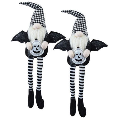 2 Pack Halloween Long Leg Gnome Shelf Sitters, Houndstooth Hat Bat Wings Plush Stuffed Gnome with Pumpkin for Mantel Table Home Holiday Decor