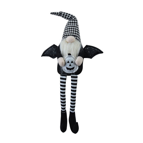 2 Pack Halloween Long Leg Gnome Shelf Sitters, Houndstooth Hat Bat Wings Plush Stuffed Gnome with Pumpkin for Mantel Table Home Holiday Decor