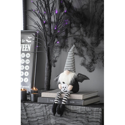 2 Pack Halloween Long Leg Gnome Shelf Sitters, Houndstooth Hat Bat Wings Plush Stuffed Gnome with Pumpkin for Mantel Table Home Holiday Decor