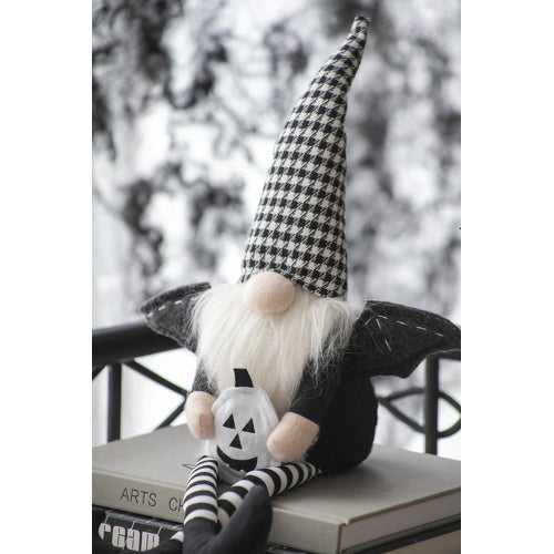2 Pack Halloween Long Leg Gnome Shelf Sitters, Houndstooth Hat Bat Wings Plush Stuffed Gnome with Pumpkin for Mantel Table Home Holiday Decor