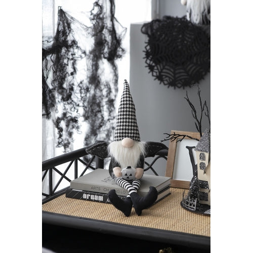 2 Pack Halloween Long Leg Gnome Shelf Sitters, Houndstooth Hat Bat Wings Plush Stuffed Gnome with Pumpkin for Mantel Table Home Holiday Decor