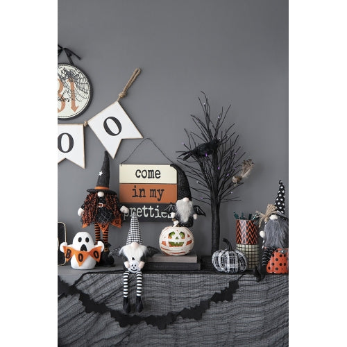 2 Pack Halloween Long Leg Gnome Shelf Sitters, Houndstooth Hat Bat Wings Plush Stuffed Gnome with Pumpkin for Mantel Table Home Holiday Decor