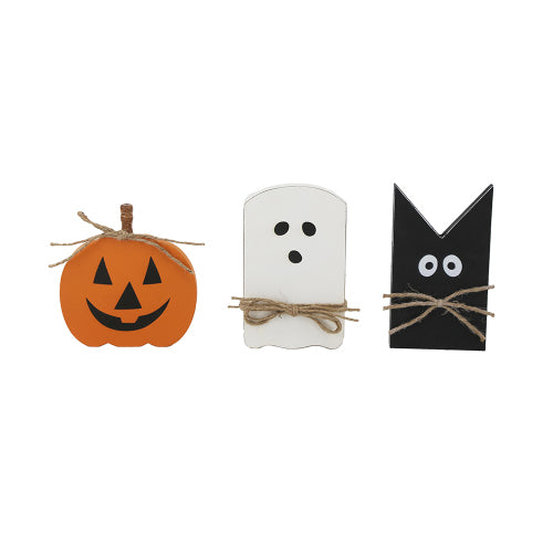 3 Pack Halloween Wooden Tabletop Decor Set, Pumpkin Ghost Black Cat with Jute Rope, Rustic Wood Signs for Tiered Tray Mantel Holiday Decor