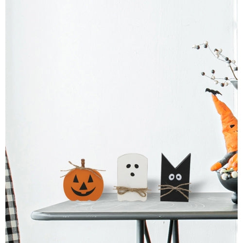 3 Pack Halloween Wooden Tabletop Decor Set, Pumpkin Ghost Black Cat with Jute Rope, Rustic Wood Signs for Tiered Tray Mantel Holiday Decor