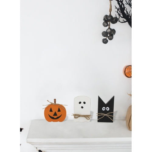 3 Pack Halloween Wooden Tabletop Decor Set, Pumpkin Ghost Black Cat with Jute Rope, Rustic Wood Signs for Tiered Tray Mantel Holiday Decor