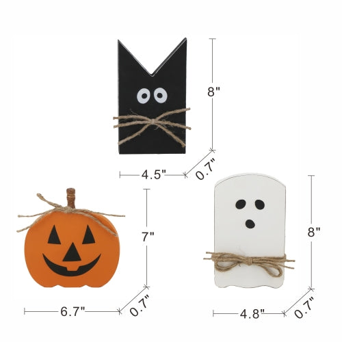 3 Pack Halloween Wooden Tabletop Decor Set, Pumpkin Ghost Black Cat with Jute Rope, Rustic Wood Signs for Tiered Tray Mantel Holiday Decor