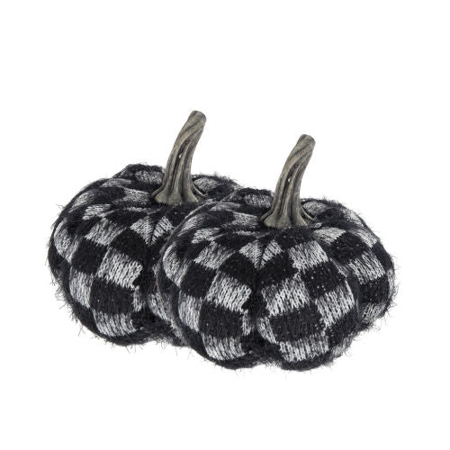 2 Pack Black White Checkered Fuzzy Pumpkin Decor, Plush Stuffed Fabric Pumpkins with Resin Stem for Halloween Fall Table Mantel Home Decoration