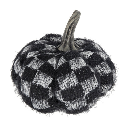 2 Pack Black White Checkered Fuzzy Pumpkin Decor, Plush Stuffed Fabric Pumpkins with Resin Stem for Halloween Fall Table Mantel Home Decoration