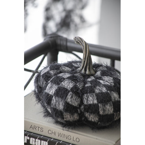 2 Pack Black White Checkered Fuzzy Pumpkin Decor, Plush Stuffed Fabric Pumpkins with Resin Stem for Halloween Fall Table Mantel Home Decoration