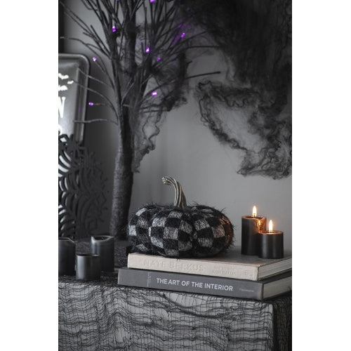 2 Pack Black White Checkered Fuzzy Pumpkin Decor, Plush Stuffed Fabric Pumpkins with Resin Stem for Halloween Fall Table Mantel Home Decoration