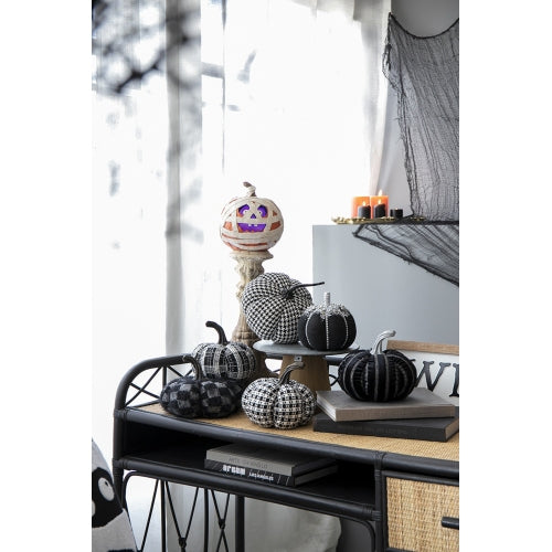 2 Pack Black White Checkered Fuzzy Pumpkin Decor, Plush Stuffed Fabric Pumpkins with Resin Stem for Halloween Fall Table Mantel Home Decoration