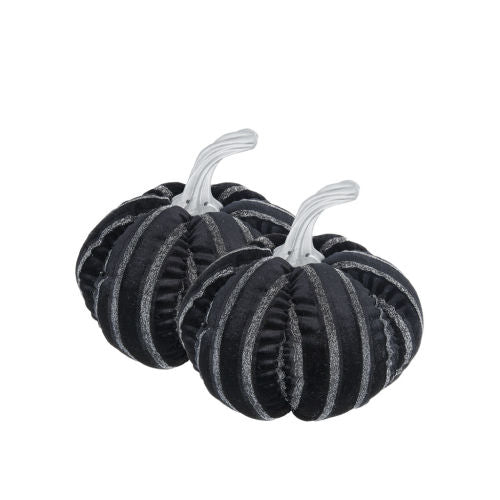 2 Pack Black Velvet Silver Stripe Stuffed Pumpkin Decor, Plush Fabric Pumpkins with Silver Resin Stem for Halloween Fall Table Mantel Home Decoration