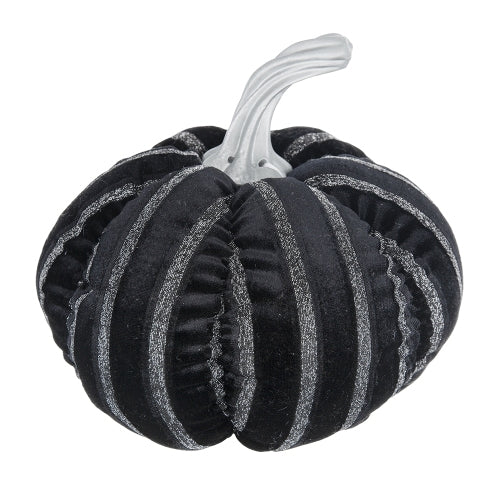 2 Pack Black Velvet Silver Stripe Stuffed Pumpkin Decor, Plush Fabric Pumpkins with Silver Resin Stem for Halloween Fall Table Mantel Home Decoration
