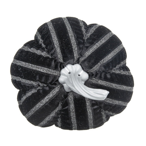 2 Pack Black Velvet Silver Stripe Stuffed Pumpkin Decor, Plush Fabric Pumpkins with Silver Resin Stem for Halloween Fall Table Mantel Home Decoration