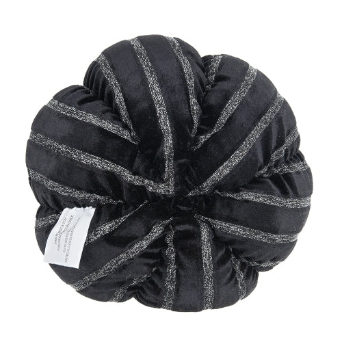 2 Pack Black Velvet Silver Stripe Stuffed Pumpkin Decor, Plush Fabric Pumpkins with Silver Resin Stem for Halloween Fall Table Mantel Home Decoration