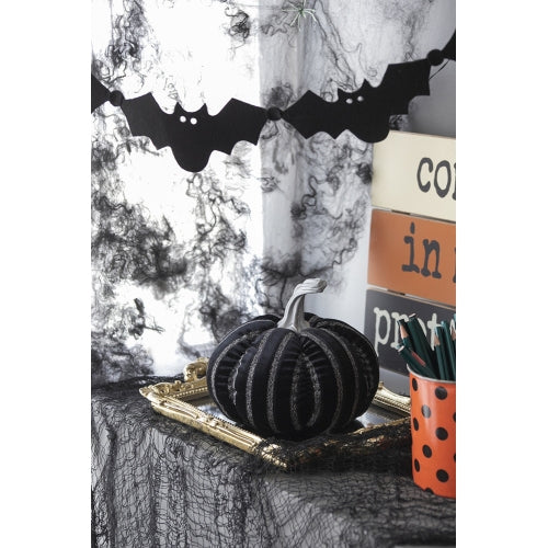 2 Pack Black Velvet Silver Stripe Stuffed Pumpkin Decor, Plush Fabric Pumpkins with Silver Resin Stem for Halloween Fall Table Mantel Home Decoration