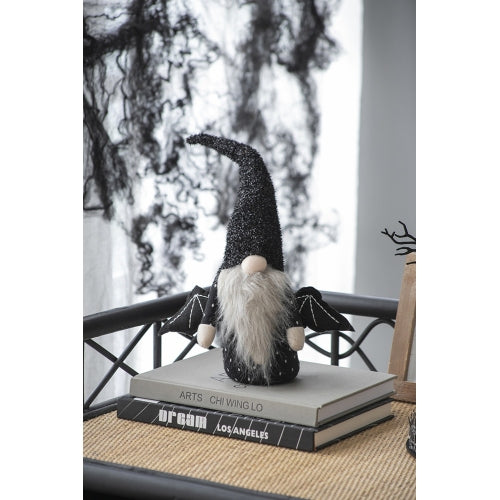 2 Pack Halloween Bat Wing Plush Gnome Decor, Black Glitter Tall Hat Fluffy Beard Stuffed Gnome for Mantel Table Holiday Home Decoration
