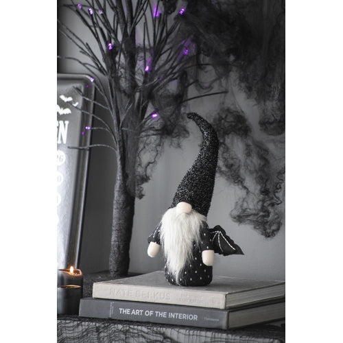 2 Pack Halloween Bat Wing Plush Gnome Decor, Black Glitter Tall Hat Fluffy Beard Stuffed Gnome for Mantel Table Holiday Home Decoration