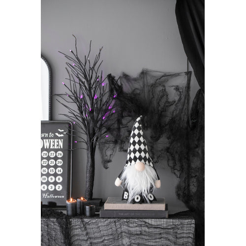 2 Pack Halloween Diamond Checkered Hat Plush Gnome, Black White Stuffed Gnome with BOO Accent Fluffy Beard for Mantel Table Holiday Home Decor