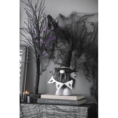 2 Pack Halloween Standing Plush Gnome Decor, Black Glitter Witch Hat with BOO Banner Houndstooth Sleeves for Mantel Table Holiday Home Decoration