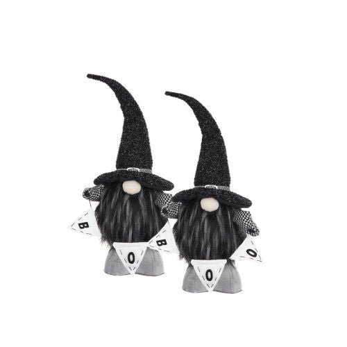 2 Pack Halloween Standing Plush Gnome Decor, Black Glitter Witch Hat with BOO Banner Houndstooth Sleeves for Mantel Table Holiday Home Decoration