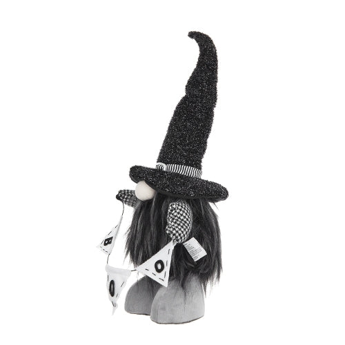 2 Pack Halloween Standing Plush Gnome Decor, Black Glitter Witch Hat with BOO Banner Houndstooth Sleeves for Mantel Table Holiday Home Decoration