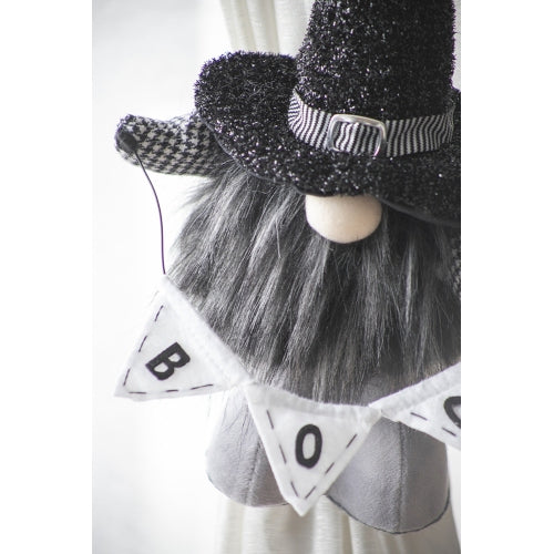 2 Pack Halloween Standing Plush Gnome Decor, Black Glitter Witch Hat with BOO Banner Houndstooth Sleeves for Mantel Table Holiday Home Decoration