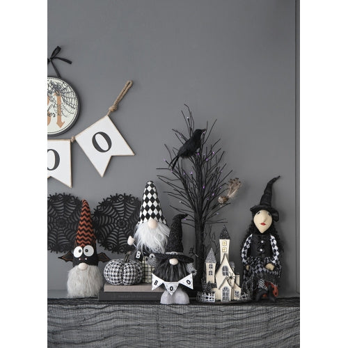 2 Pack Halloween Standing Plush Gnome Decor, Black Glitter Witch Hat with BOO Banner Houndstooth Sleeves for Mantel Table Holiday Home Decoration